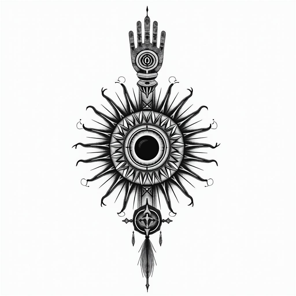 Shawn, Sagittarius, Texasin spiritual symbols tattoo style, featuring an intricate design incorporating elements, Hamsa hand, third eye, minimalist composition - Variation 2