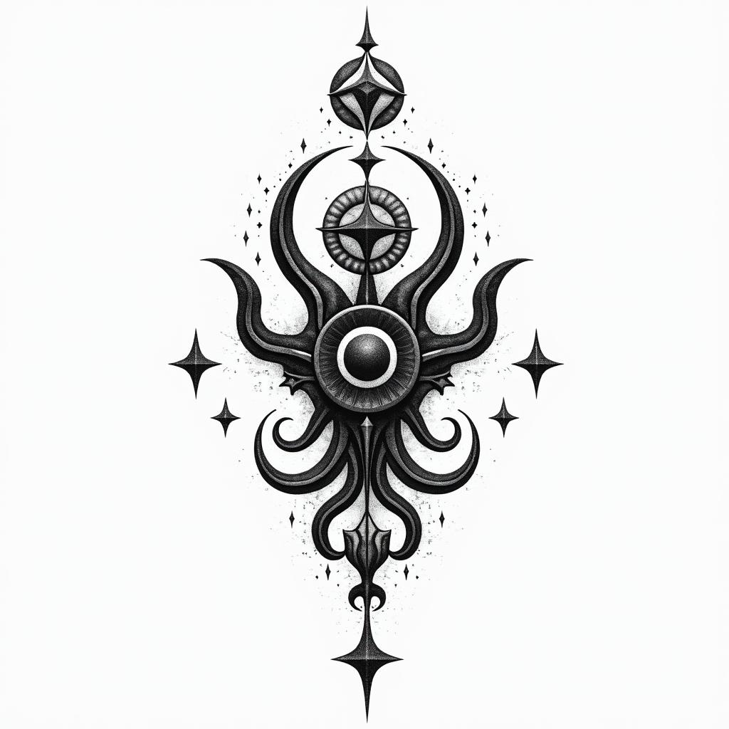 Shawn, Sagittarius, Texasin spiritual symbols tattoo style, featuring an intricate design incorporating elements, Hamsa hand, third eye, minimalist composition