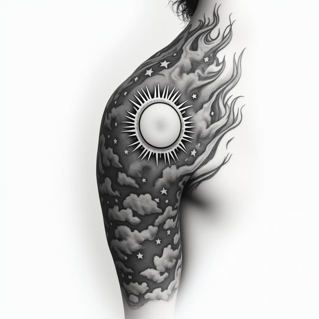 I want a shoulder tattoo with flames stars cloudshigly detailed tattoo - Variation 2