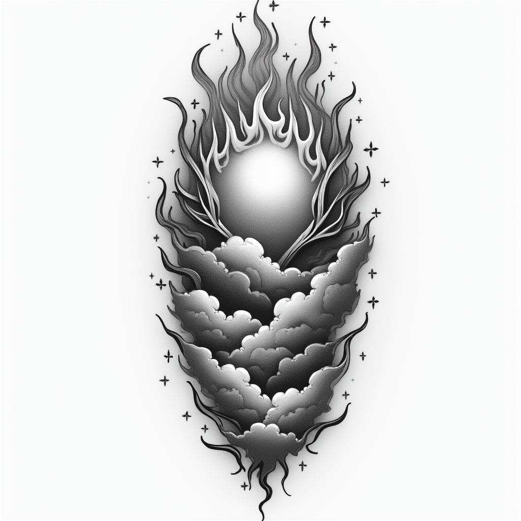 I want a shoulder tattoo with flames stars cloudshigly detailed tattoo