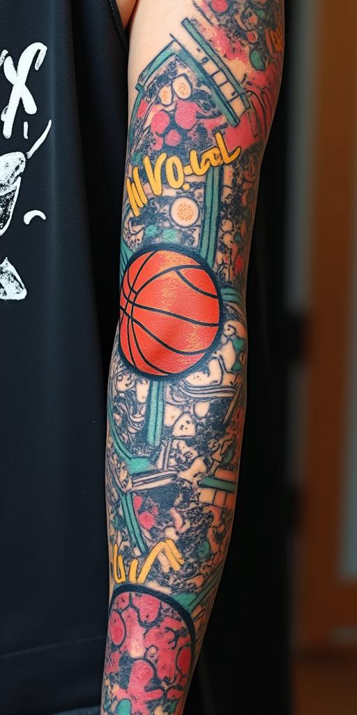 Graffiti art stretched along my inner forearm of basketball, money, and carsin pop art style tattoo, featuring bold and vibrant colors, exaggerated outlines, iconic imagery, inspired by comic books and speech bubbles, comic book characters, retro pop culture - Variation 3