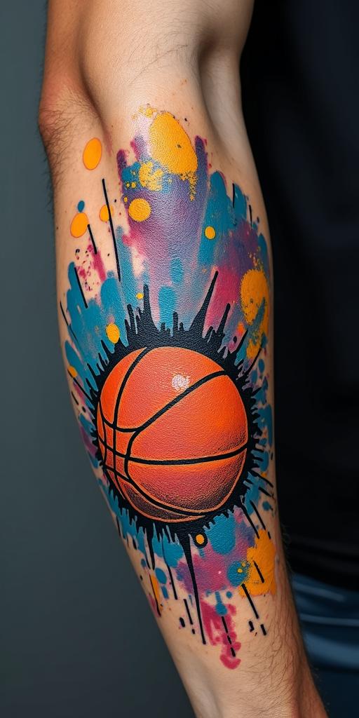 Graffiti art stretched along my inner forearm of basketball, money, and carsin pop art style tattoo, featuring bold and vibrant colors, exaggerated outlines, iconic imagery, inspired by comic books and speech bubbles, comic book characters, retro pop culture - Variation 2