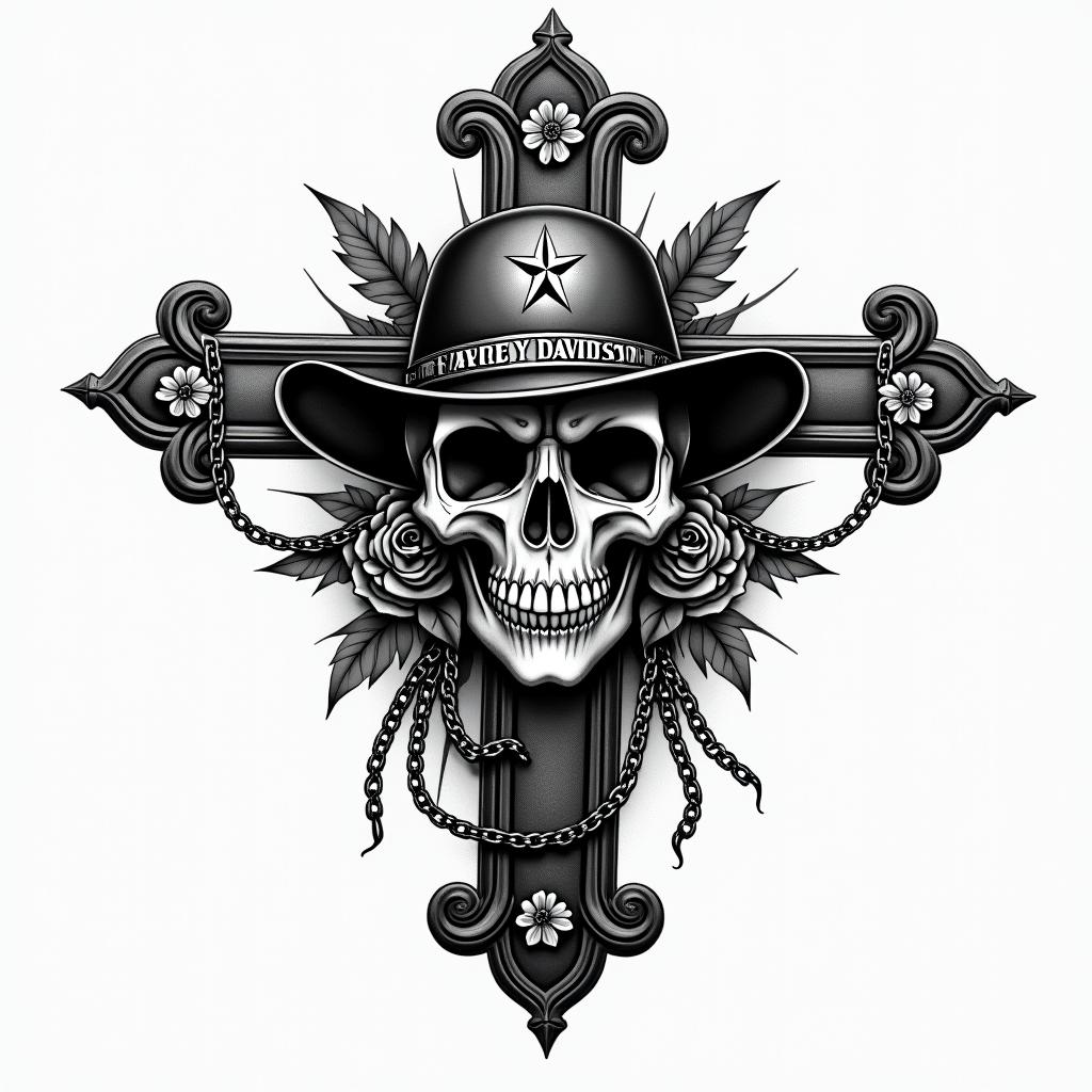 Skull/Harley Davidson logo/Texasin chicano style tattoo, featuring intricate black and grey shading, bold elements of traditional chicano culture symbols, add a big cross with skull, chains and roses - Variation 2