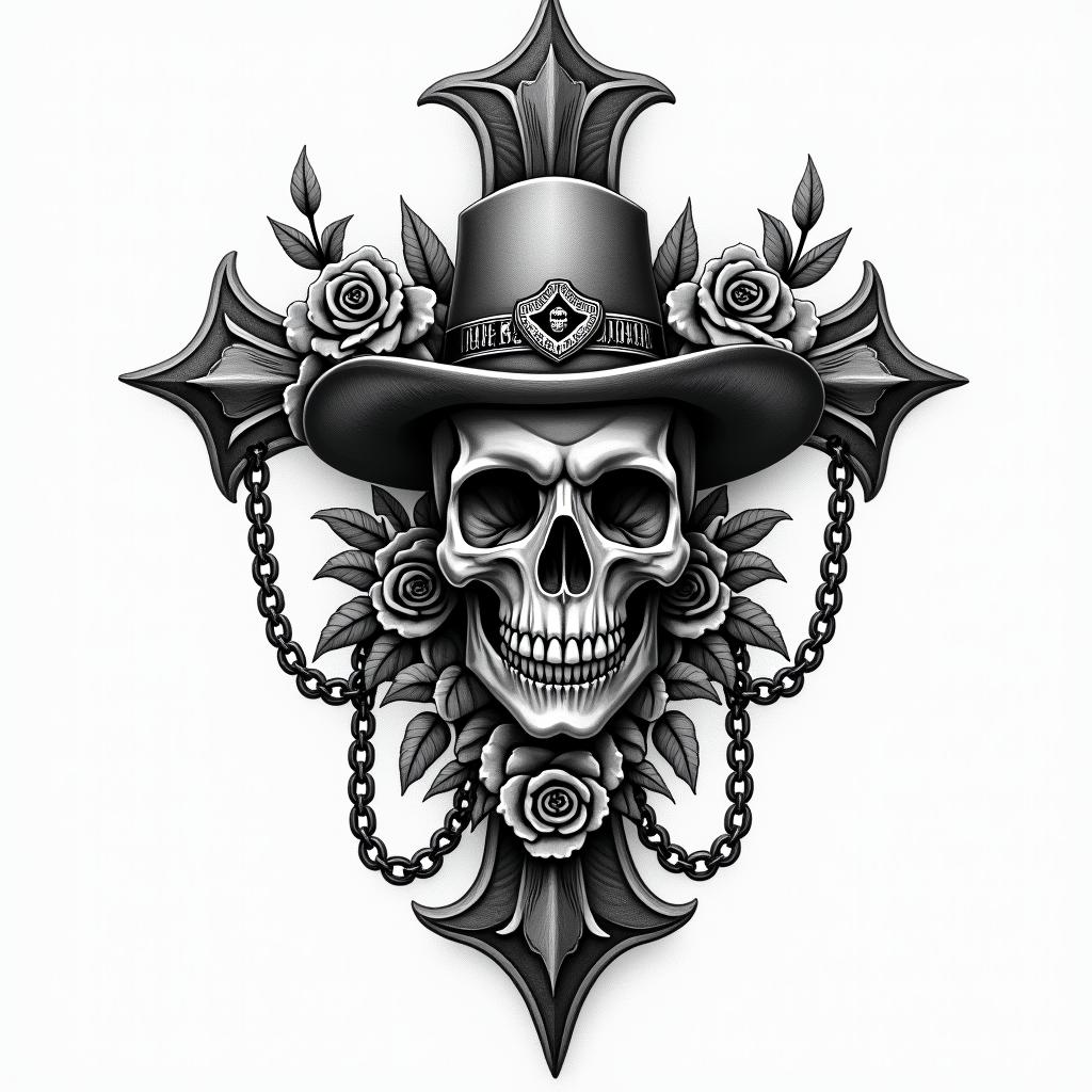 Skull/Harley Davidson logo/Texasin chicano style tattoo, featuring intricate black and grey shading, bold elements of traditional chicano culture symbols, add a big cross with skull, chains and roses - Variation 4