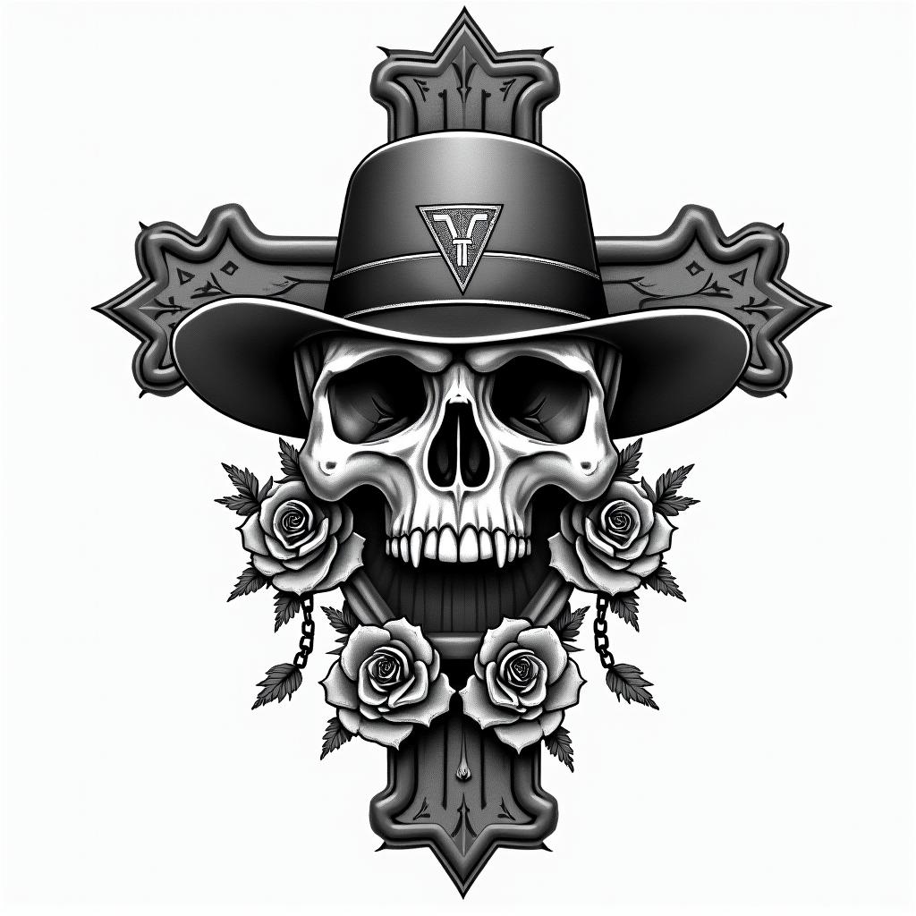 Skull/Harley Davidson logo/Texasin chicano style tattoo, featuring intricate black and grey shading, bold elements of traditional chicano culture symbols, add a big cross with skull, chains and roses