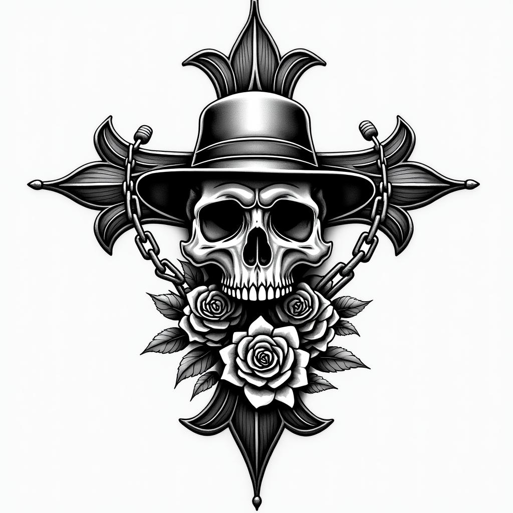 Skull/Harley Davidson logo/Texasin chicano style tattoo, featuring intricate black and grey shading, bold elements of traditional chicano culture symbols, add a big cross with skull, chains and roses - Variation 3