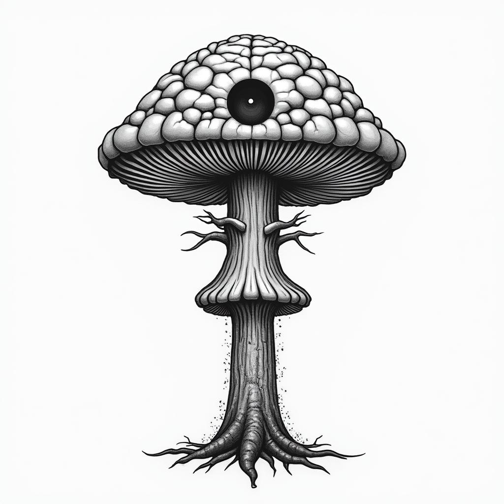 Magic mushroom tree with a brain with one in in the centre of the brain arm tattooin spiritual symbols tattoo style, featuring an intricate design incorporating elements, Hamsa hand, third eye, minimalist composition