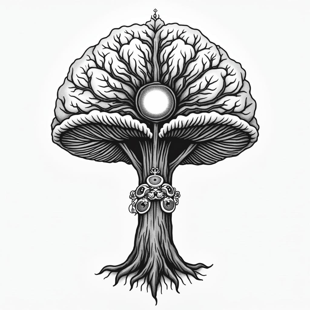 Magic mushroom tree with a brain with one in in the centre of the brain arm tattooin spiritual symbols tattoo style, featuring an intricate design incorporating elements, Hamsa hand, third eye, minimalist composition - Variation 2
