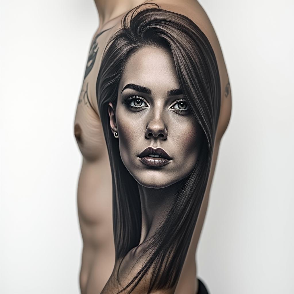 Tattoo sleevein portrait tattoo style, featuring a highly realistic and detailed depiction