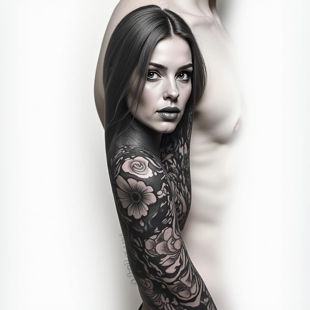 Tattoo sleevein portrait tattoo style, featuring a highly realistic and detailed depiction - Variation 3