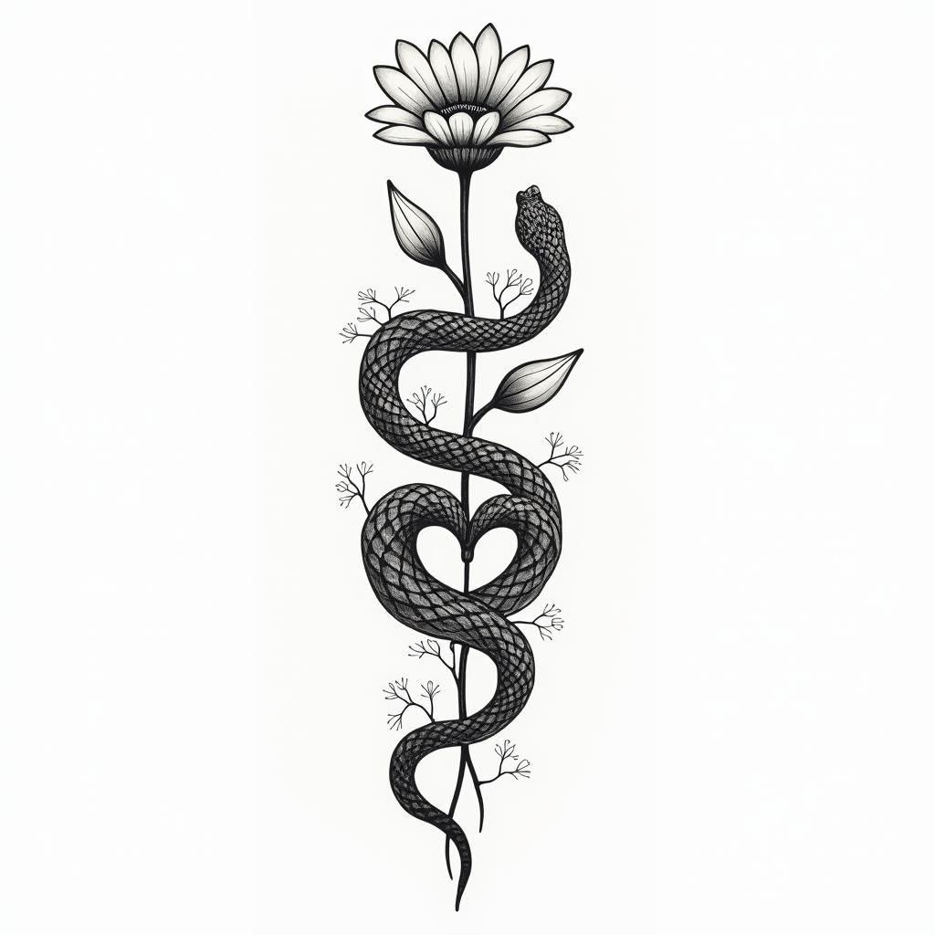 Flowers and snakesin Modest style tattoo, featuring soft, delicate line work with simple and meaningful symbols, gentle waves, a heart, evoking a sense of serenity and grace, - Variation 5