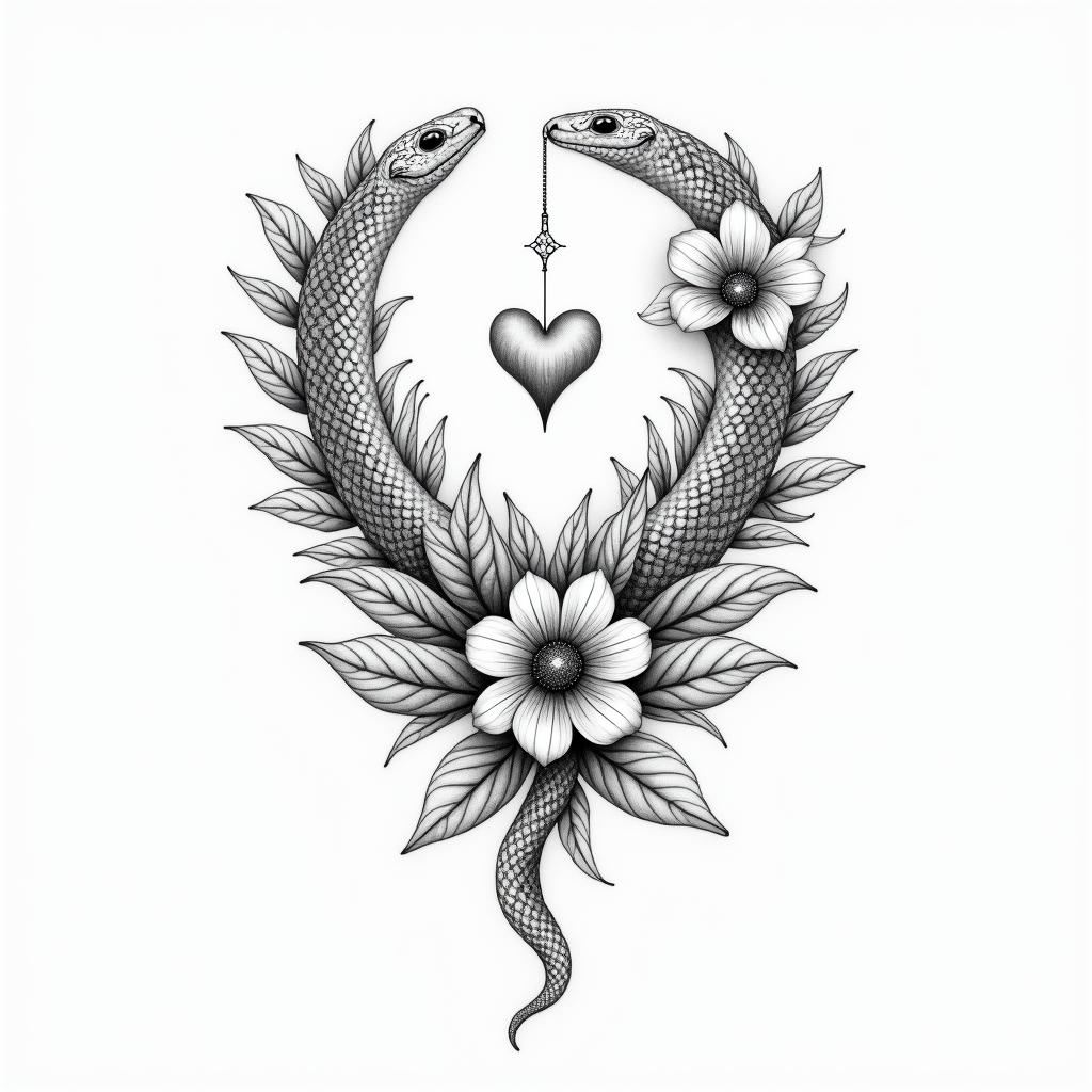 Flowers and snakesin Modest style tattoo, featuring soft, delicate line work with simple and meaningful symbols, gentle waves, a heart, evoking a sense of serenity and grace, - Variation 7