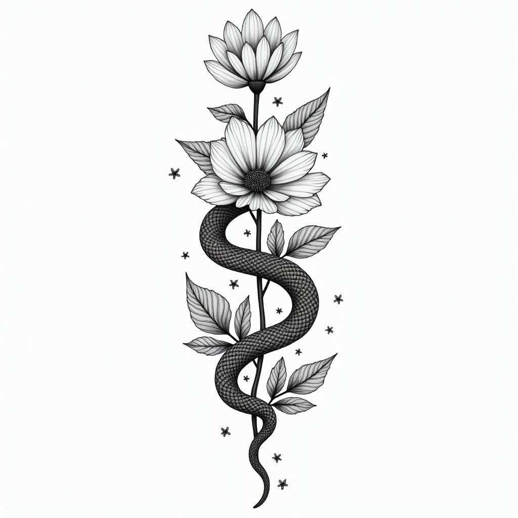 Flowers and snakesin Modest style tattoo, featuring soft, delicate line work with simple and meaningful symbols, gentle waves, a heart, evoking a sense of serenity and grace, - Variation 6