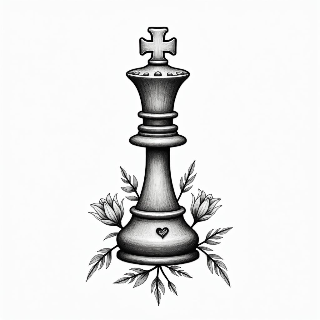Queen chess piece with flowersin Modest style tattoo, featuring soft, delicate line work with simple and meaningful symbols, gentle waves, a heart, evoking a sense of serenity and grace, - Variation 3