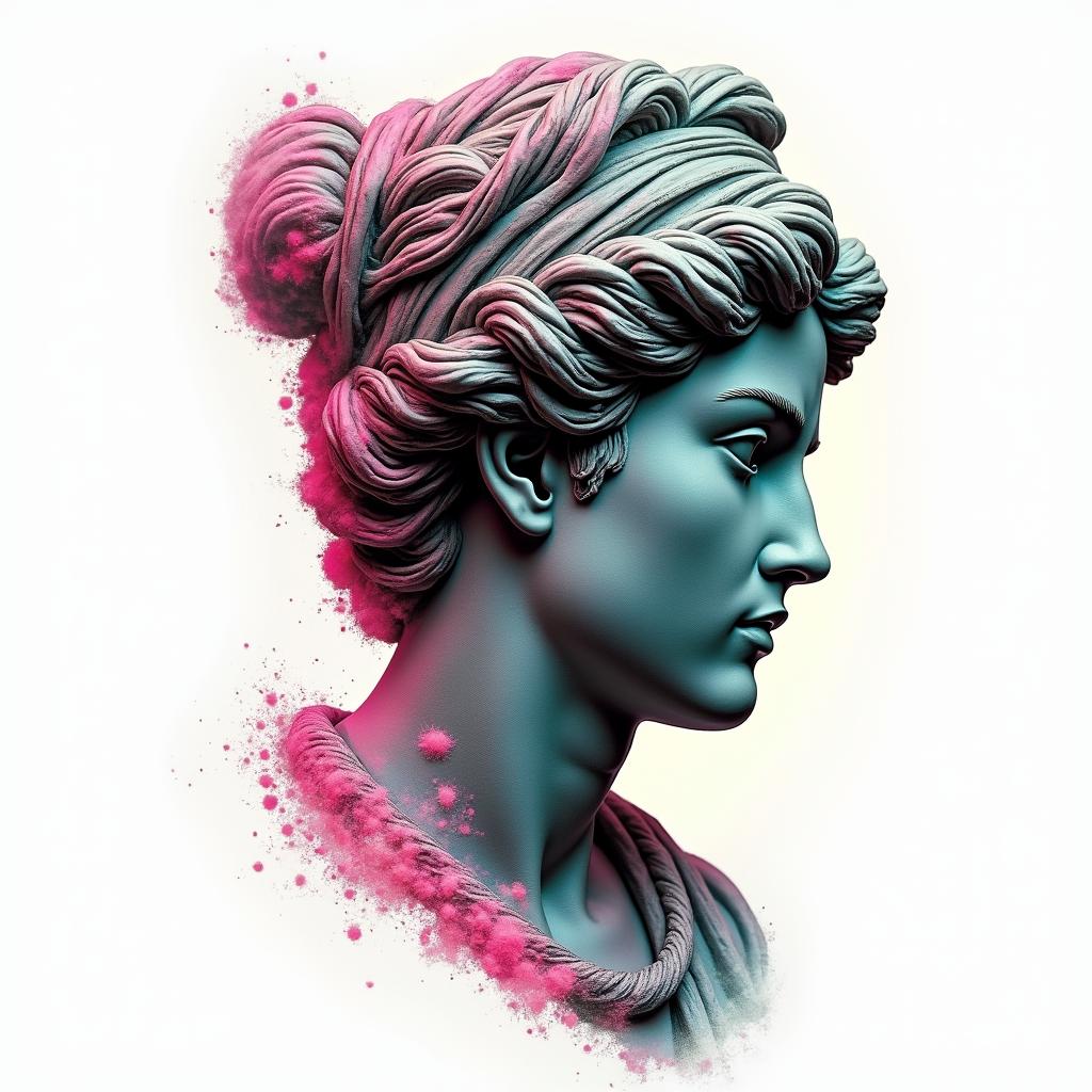 Jan Nietes Aquarius Antique Philippinesin distorted and fragmented tattoo design, featuring a classical statue bust, in a glitch art style with vibrant, overlapping colors of cyan, magenta, and yellow, creating a digital distortion effect - Variation 2