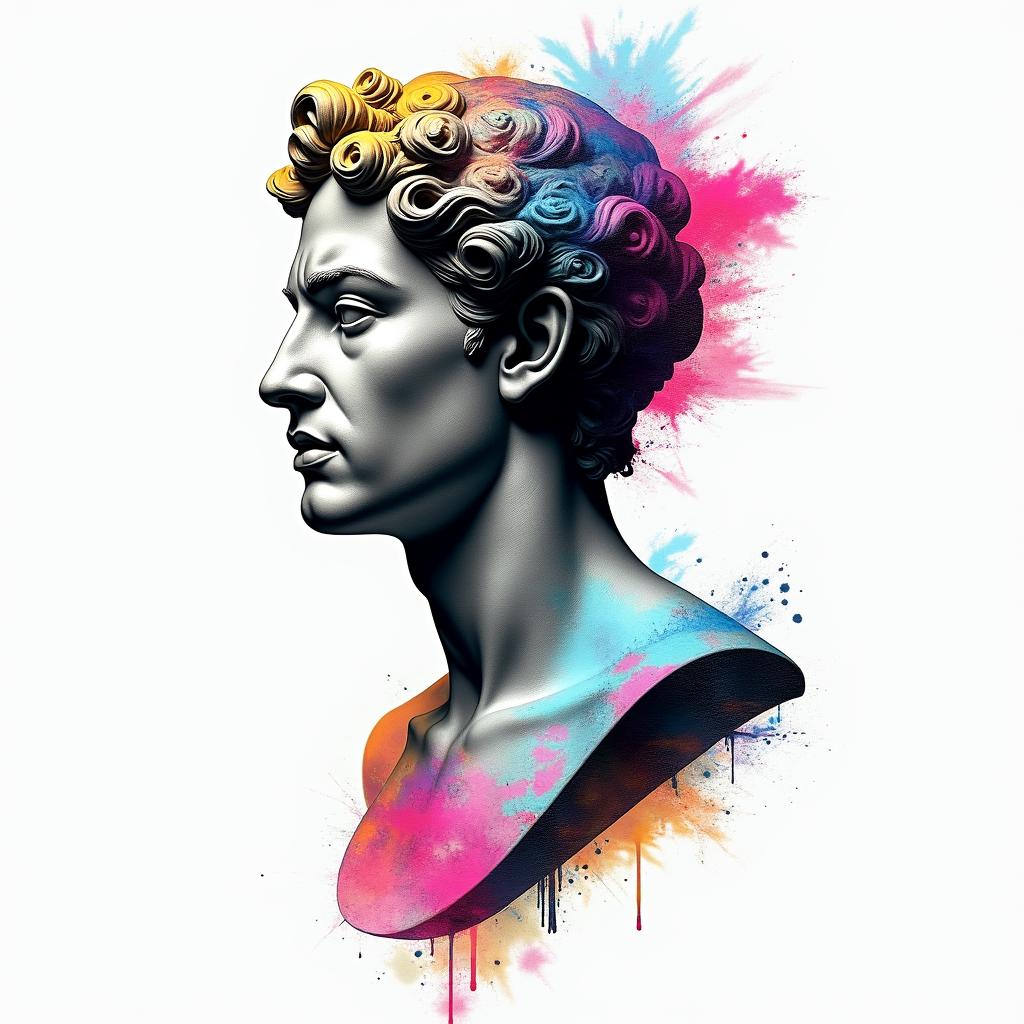 Jan Nietes Aquarius Antique Philippinesin distorted and fragmented tattoo design, featuring a classical statue bust, in a glitch art style with vibrant, overlapping colors of cyan, magenta, and yellow, creating a digital distortion effect - Variation 3