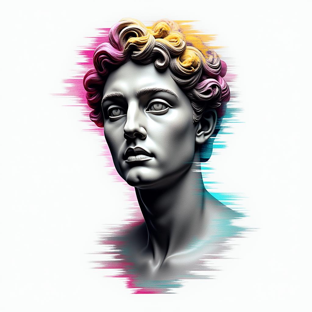 Jan Nietes Aquarius Antique Philippinesin distorted and fragmented tattoo design, featuring a classical statue bust, in a glitch art style with vibrant, overlapping colors of cyan, magenta, and yellow, creating a digital distortion effect