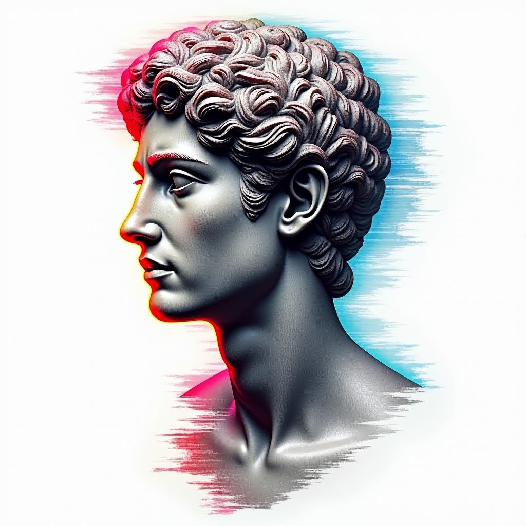 Jan Nietes Aquarius Antique Philippinesin distorted and fragmented tattoo design, featuring a classical statue bust, in a glitch art style with vibrant, overlapping colors of cyan, magenta, and yellow, creating a digital distortion effect - Variation 4