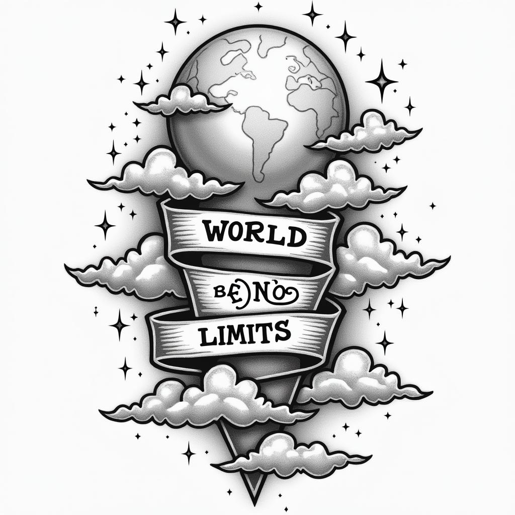I want a shoulder tattoo with stars clouds and words that say the world have no limitshigly detailed tattoo - Variation 3