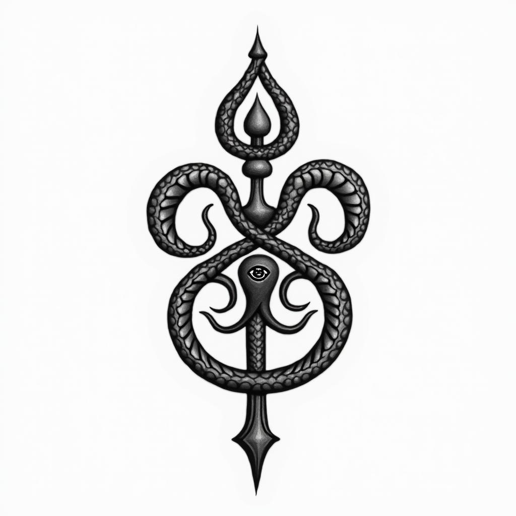 Flowers and snakesin spiritual symbols tattoo style, featuring an intricate design incorporating elements, Hamsa hand, third eye, minimalist composition - Variation 5