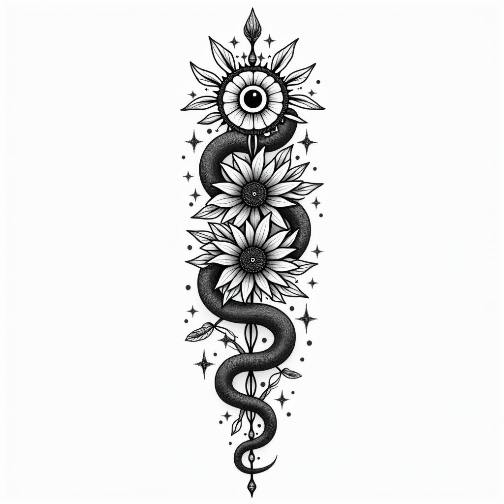 Flowers and snakesin spiritual symbols tattoo style, featuring an intricate design incorporating elements, Hamsa hand, third eye, minimalist composition - Variation 6