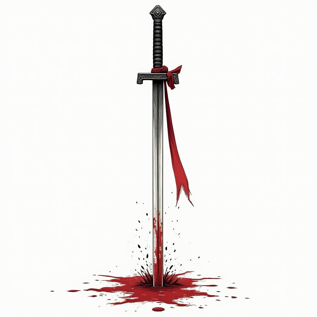 A samurai sword with blood on the blade, facing down into the ground, with a red ribbon on the hilt. The design symbolizes peace, will, determination, persuasion, and delicacy, reflecting the essence of a ronin and the honor of fighting for one’s beliefs. The background may hint at Japanese culture to enhance the theme.higly detailed tattoo - Variation 4
