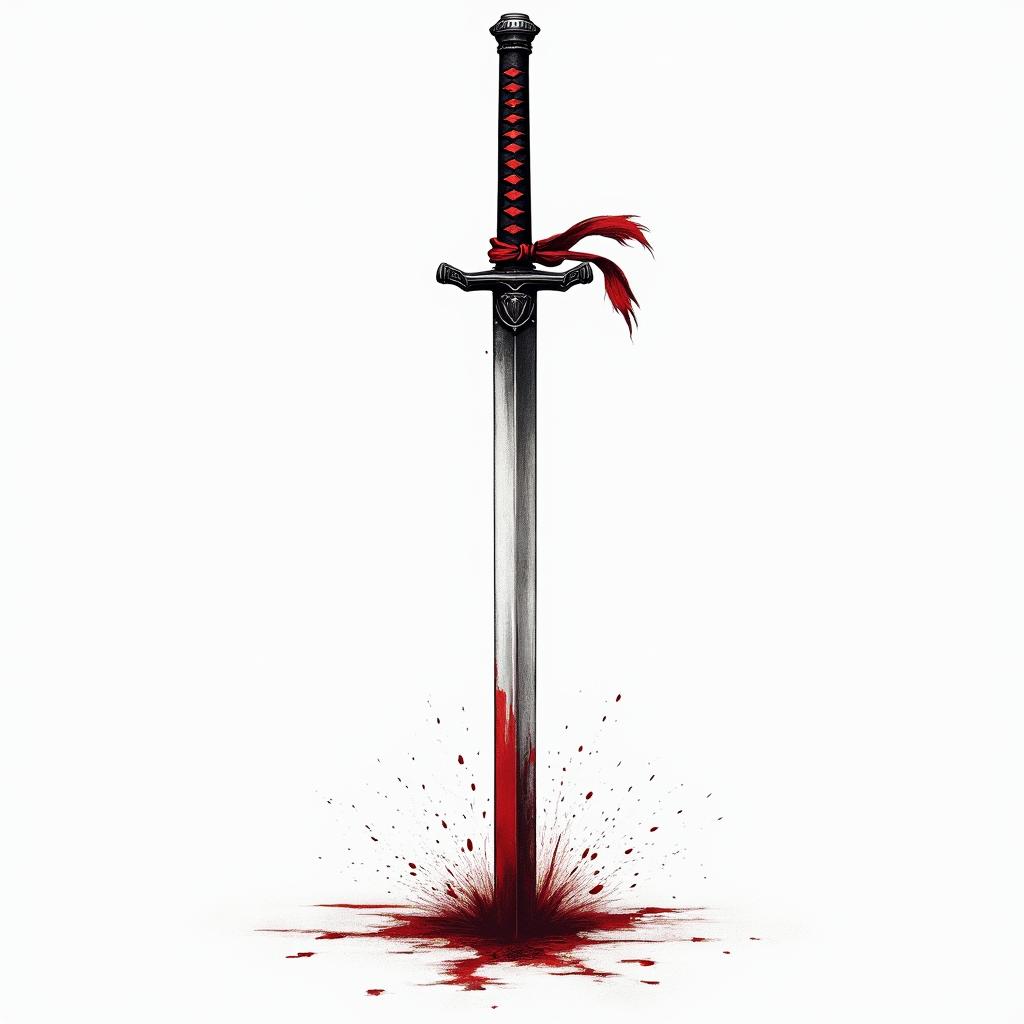 A samurai sword with blood on the blade, facing down into the ground, with a red ribbon on the hilt. The design symbolizes peace, will, determination, persuasion, and delicacy, reflecting the essence of a ronin and the honor of fighting for one’s beliefs. The background may hint at Japanese culture to enhance the theme.higly detailed tattoo - Variation 3