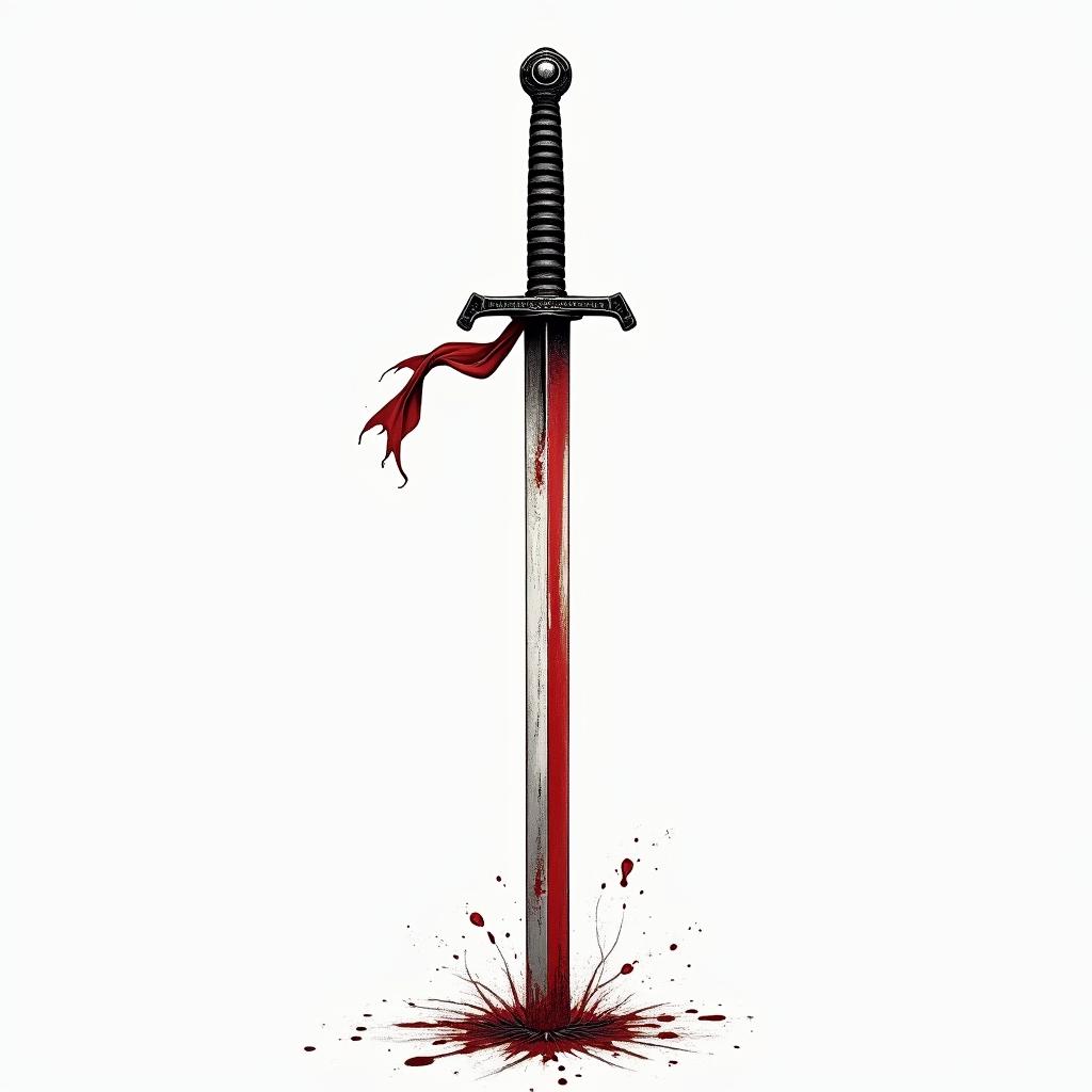 A samurai sword with blood on the blade, facing down into the ground, with a red ribbon on the hilt. The design symbolizes peace, will, determination, persuasion, and delicacy, reflecting the essence of a ronin and the honor of fighting for one’s beliefs. The background may hint at Japanese culture to enhance the theme.higly detailed tattoo - Variation 2