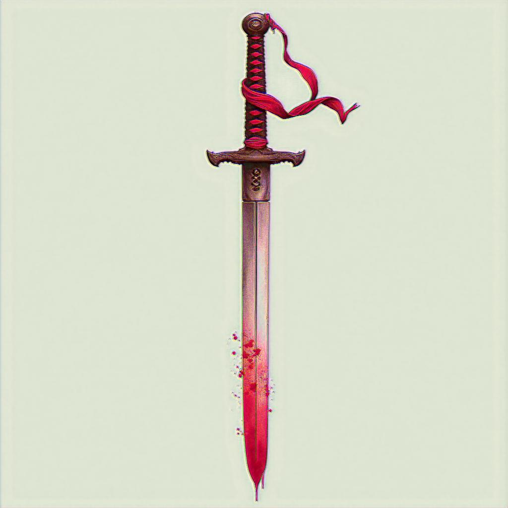 A samurai sword with blood on the blade, facing down into the ground, with a red ribbon on the hilt. The design symbolizes peace, will, determination, persuasion, and delicacy, reflecting the essence of a ronin and the honor of fighting for one’s beliefs. The background may hint at Japanese culture to enhance the theme.higly detailed tattoo