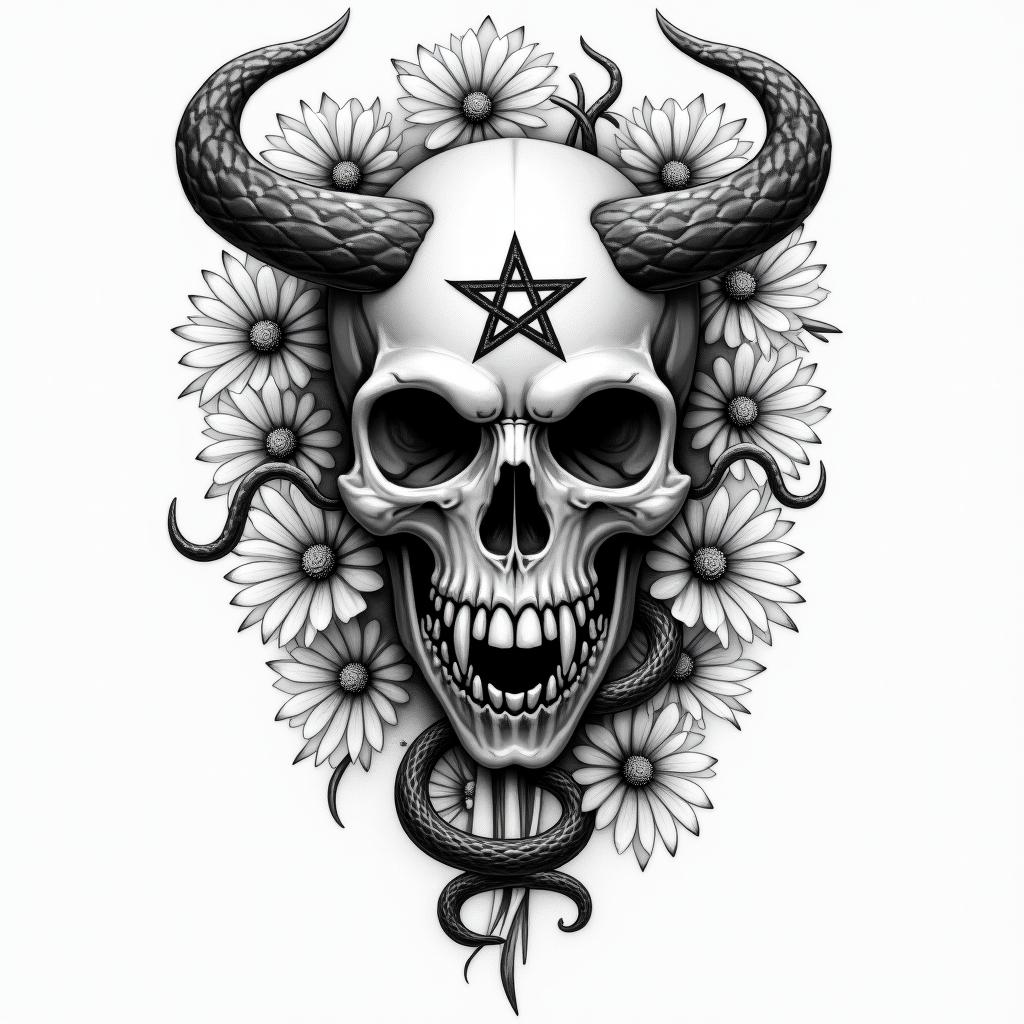 Flowers and snakescreepy horror tattoo style, featuring an eerie and unsettling skull of a demonic creature, distorted face with sharp fangs, add pentagram symbol