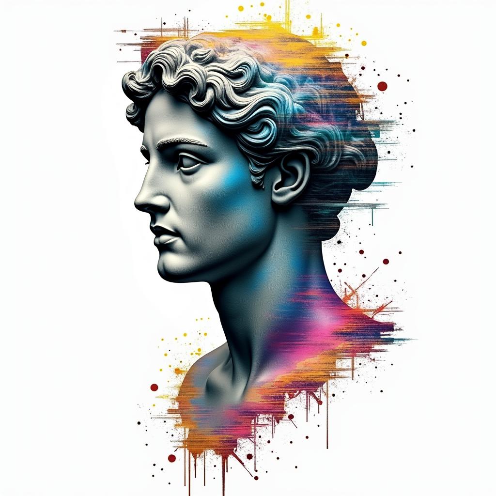 Aquarius sodiac signin distorted and fragmented tattoo design, featuring a classical statue bust, in a glitch art style with vibrant, overlapping colors of cyan, magenta, and yellow, creating a digital distortion effect - Variation 3