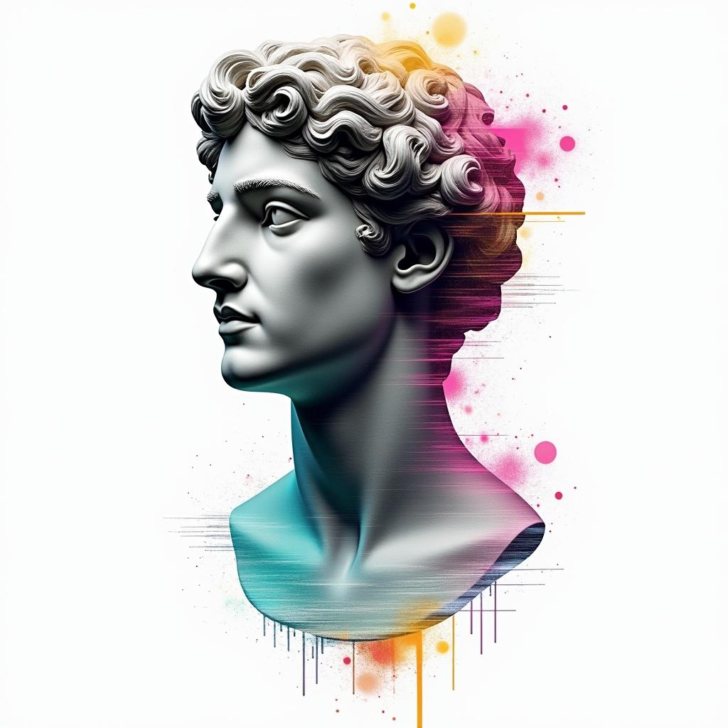 Aquarius sodiac signin distorted and fragmented tattoo design, featuring a classical statue bust, in a glitch art style with vibrant, overlapping colors of cyan, magenta, and yellow, creating a digital distortion effect