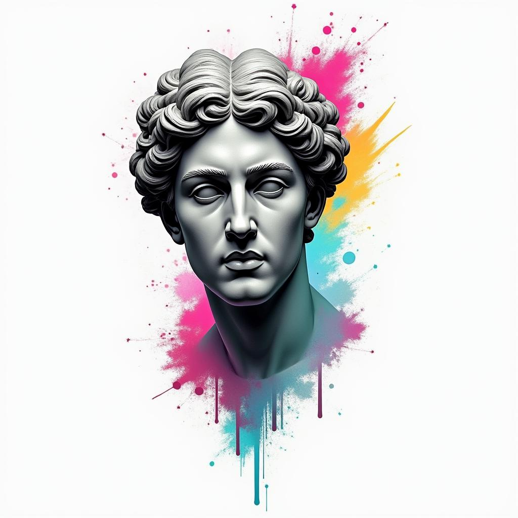Aquarius sodiac signin distorted and fragmented tattoo design, featuring a classical statue bust, in a glitch art style with vibrant, overlapping colors of cyan, magenta, and yellow, creating a digital distortion effect - Variation 2