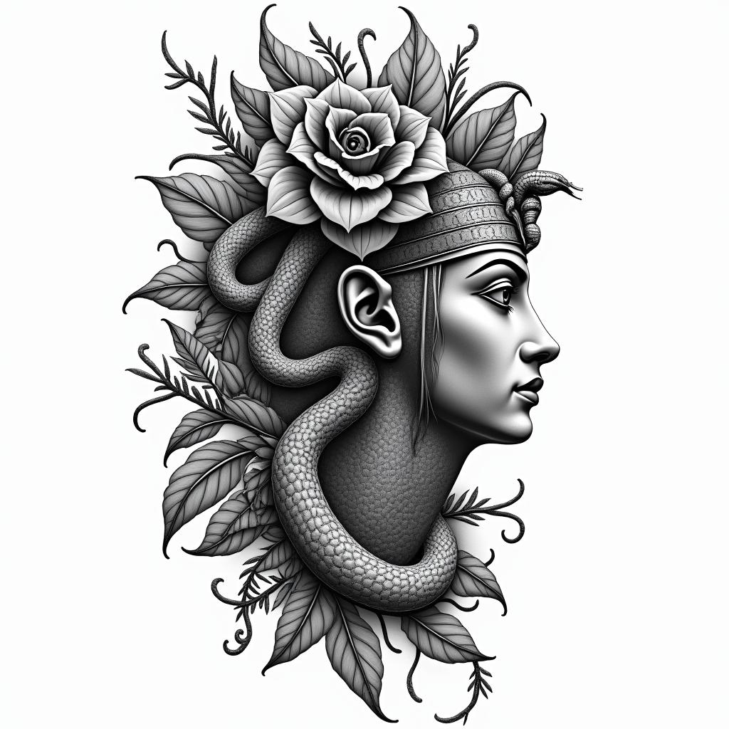 Flowers and snakesin egyptian style tattoo, bold elements of ancient egyptian culture including a portrait of an Egyptian pharaoh with detailed facial features, in hieroglyphs and symbolic imagery, eye of horus, ankh symbol, scarab beetle