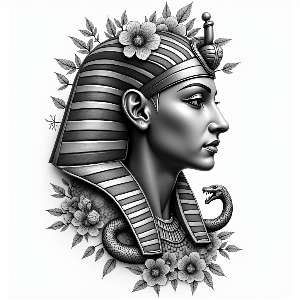 Flowers and snakesin egyptian style tattoo, bold elements of ancient egyptian culture including a portrait of an Egyptian pharaoh with detailed facial features, in hieroglyphs and symbolic imagery, eye of horus, ankh symbol, scarab beetle - Variation 2