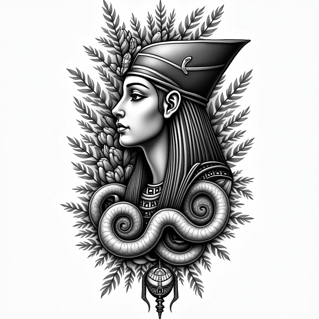 Flowers and snakesin egyptian style tattoo, bold elements of ancient egyptian culture including a portrait of an Egyptian pharaoh with detailed facial features, in hieroglyphs and symbolic imagery, eye of horus, ankh symbol, scarab beetle - Variation 3