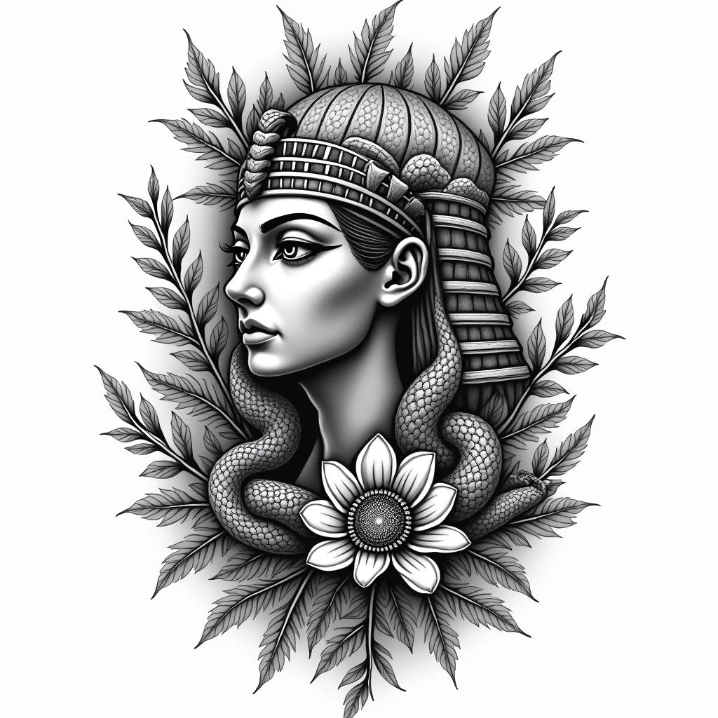 Flowers and snakesin egyptian style tattoo, bold elements of ancient egyptian culture including a portrait of an Egyptian pharaoh with detailed facial features, in hieroglyphs and symbolic imagery, eye of horus, ankh symbol, scarab beetle - Variation 4