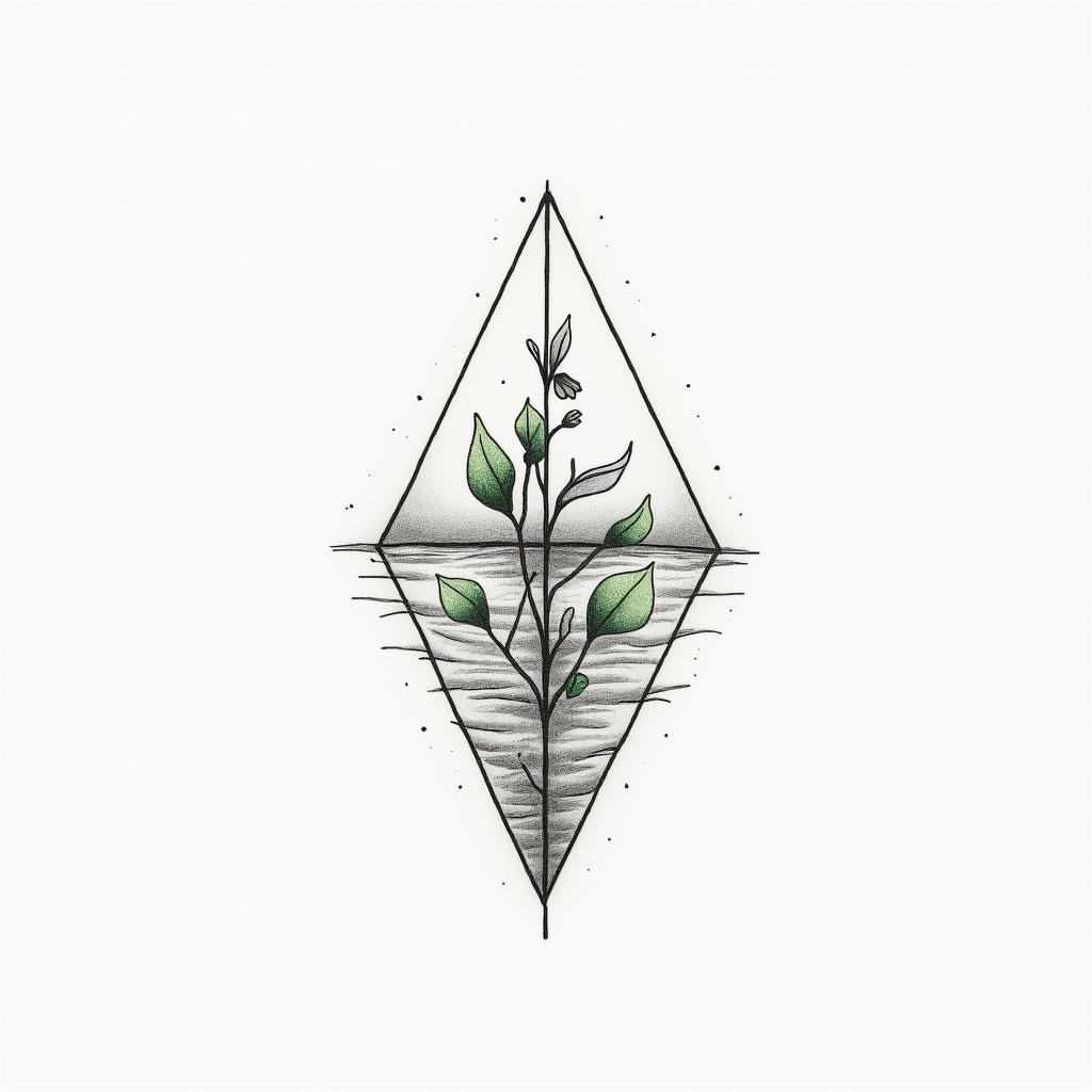 Name: Kayla, Sign: Libra, I love water and greenery (nature), life goal is love and peacein minimalist style tattoo, featuring simple shapes and fine lines, with minimal shading and details, tiny triangles, creating a sense of balance and harmony - Variation 4