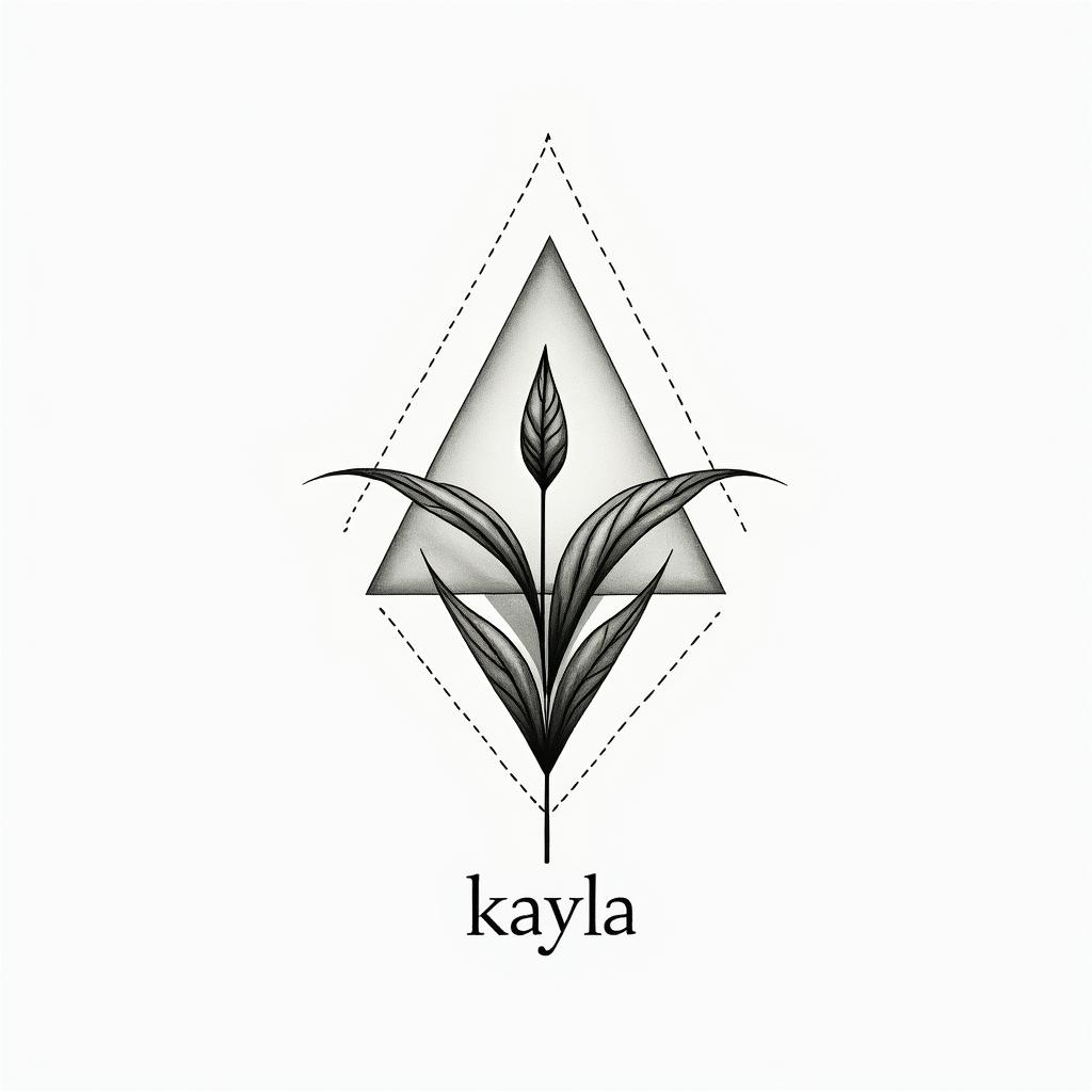 Name: Kayla, Sign: Libra, I love water and greenery (nature), life goal is love and peacein minimalist style tattoo, featuring simple shapes and fine lines, with minimal shading and details, tiny triangles, creating a sense of balance and harmony