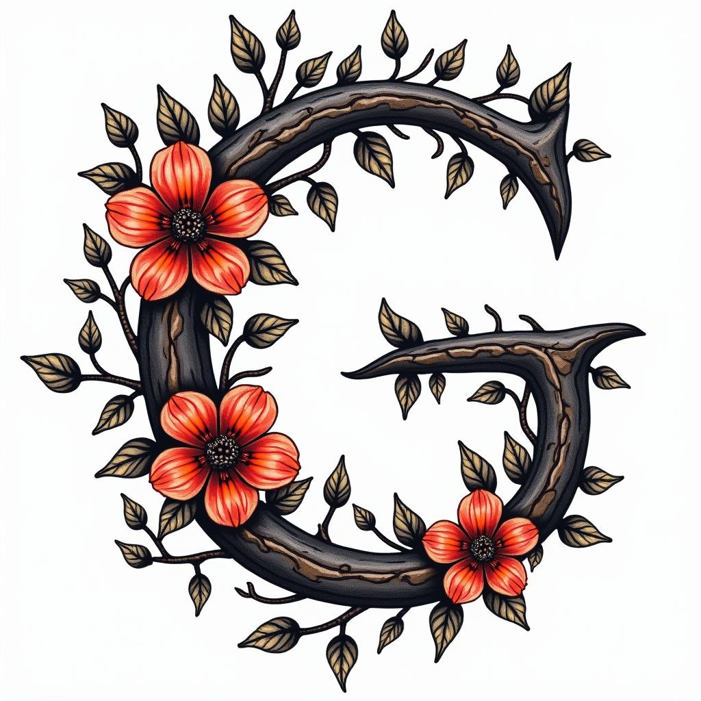 Thorny vines with flowers in the shape of a Gin pop art style tattoo, featuring bold and vibrant colors, exaggerated outlines, iconic imagery, inspired by comic books and speech bubbles, comic book characters, retro pop culture - Variation 4