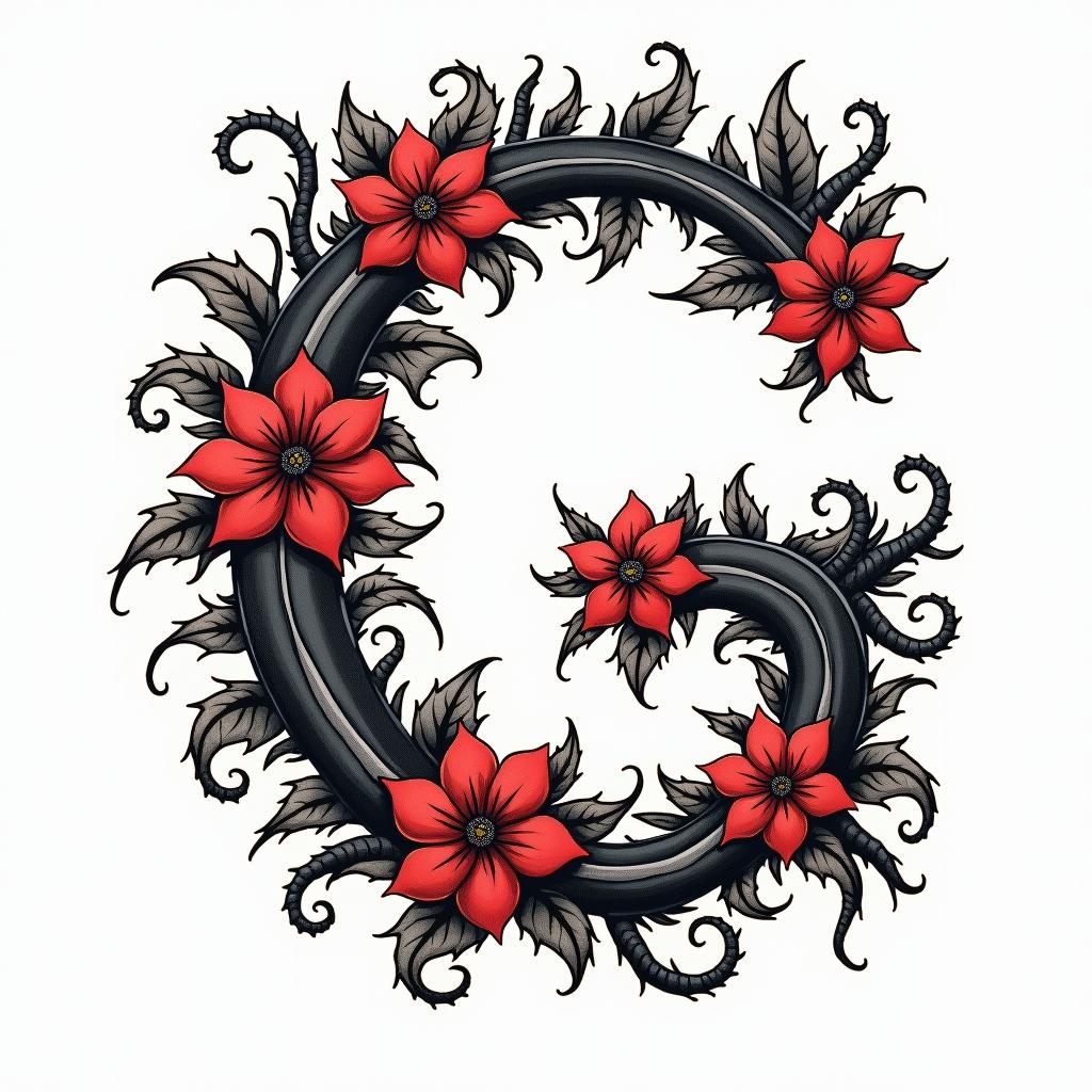 Thorny vines with flowers in the shape of a Gin pop art style tattoo, featuring bold and vibrant colors, exaggerated outlines, iconic imagery, inspired by comic books and speech bubbles, comic book characters, retro pop culture - Variation 3