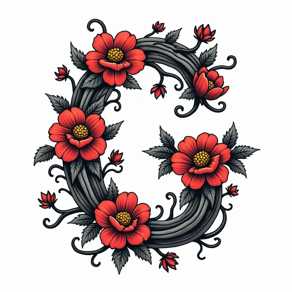 Thorny vines with flowers in the shape of a Gin pop art style tattoo, featuring bold and vibrant colors, exaggerated outlines, iconic imagery, inspired by comic books and speech bubbles, comic book characters, retro pop culture - Variation 2