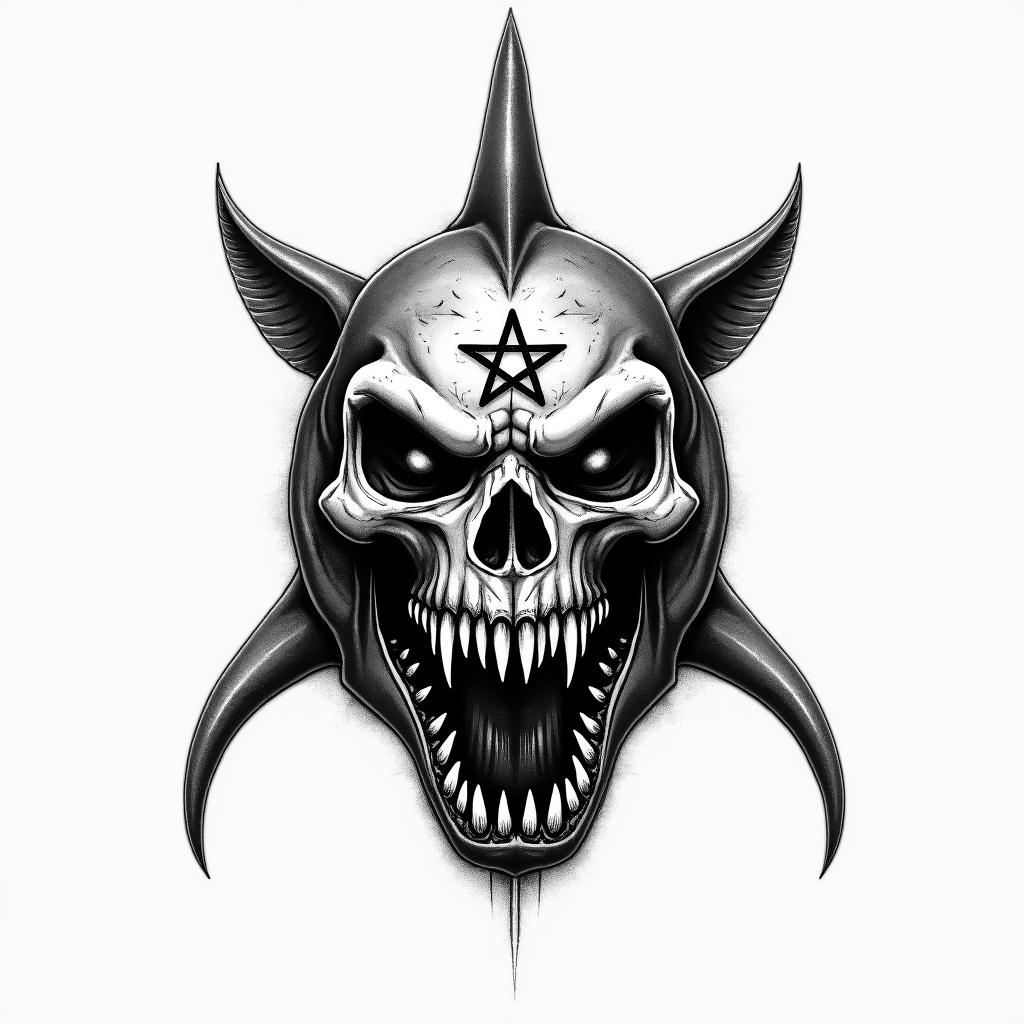 Tiger sharkcreepy horror tattoo style, featuring an eerie and unsettling skull of a demonic creature, distorted face with sharp fangs, add pentagram symbol - Variation 2