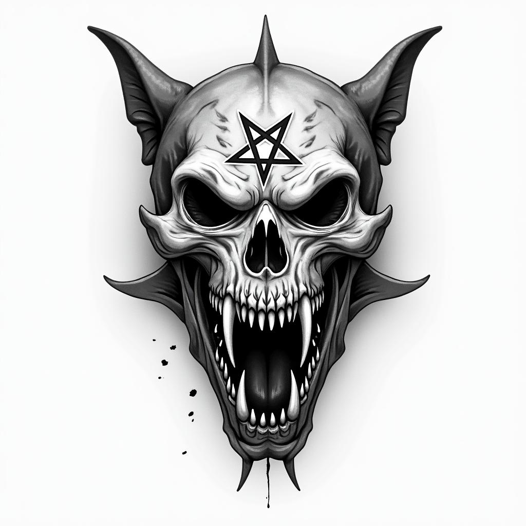 Tiger sharkcreepy horror tattoo style, featuring an eerie and unsettling skull of a demonic creature, distorted face with sharp fangs, add pentagram symbol