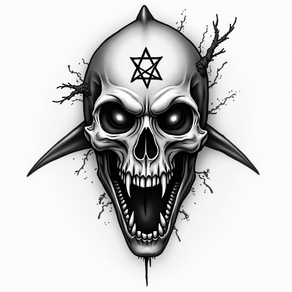 Tiger sharkcreepy horror tattoo style, featuring an eerie and unsettling skull of a demonic creature, distorted face with sharp fangs, add pentagram symbol - Variation 3