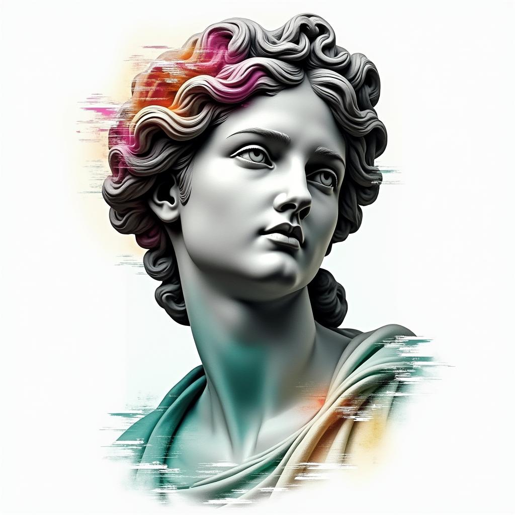 Name: Kayla, Sign: Libra, I love water and greenery (nature), life goal is love and peacein distorted and fragmented tattoo design, featuring a classical statue bust, in a glitch art style with vibrant, overlapping colors of cyan, magenta, and yellow, creating a digital distortion effect - Variation 3