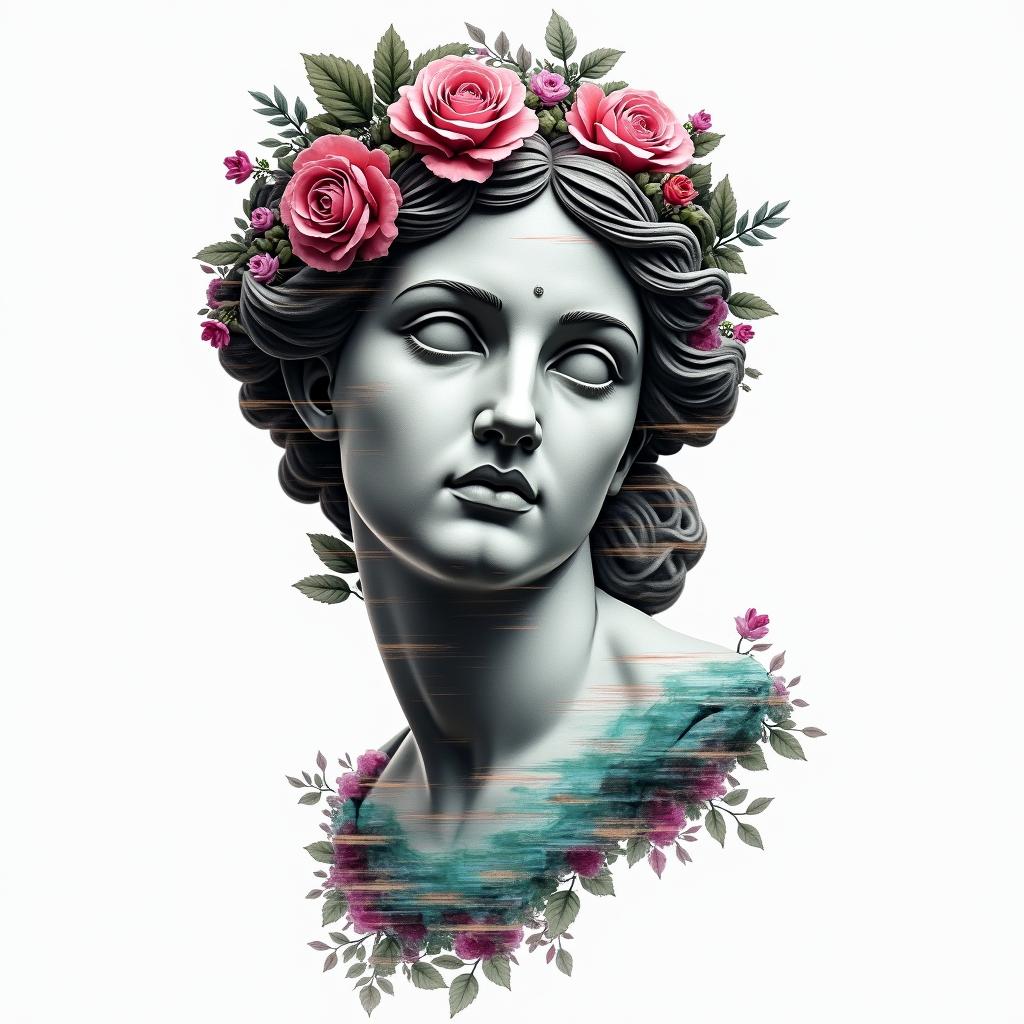 Name: Kayla, Sign: Libra, I love water and greenery (nature), life goal is love and peacein distorted and fragmented tattoo design, featuring a classical statue bust, in a glitch art style with vibrant, overlapping colors of cyan, magenta, and yellow, creating a digital distortion effect - Variation 4
