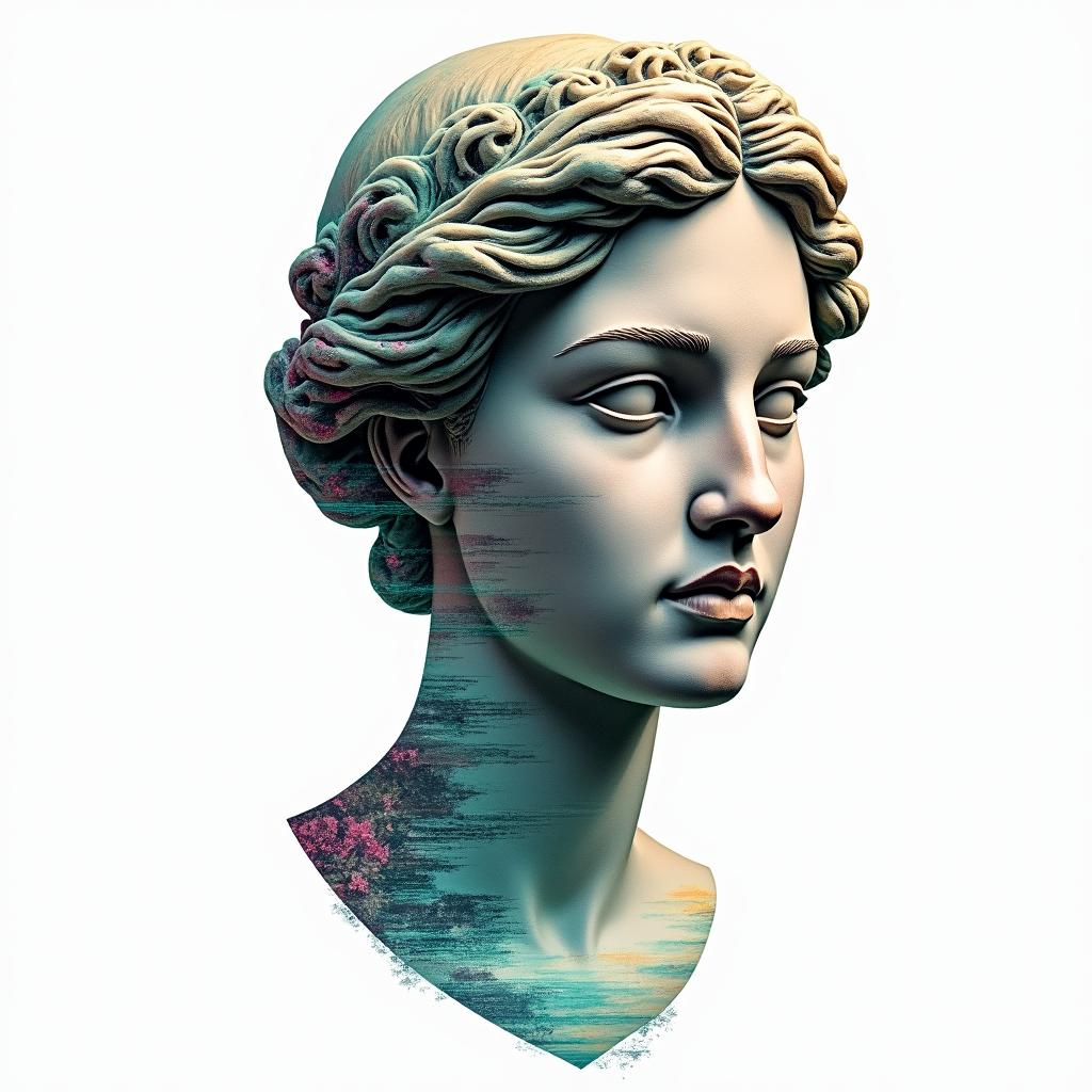 Name: Kayla, Sign: Libra, I love water and greenery (nature), life goal is love and peacein distorted and fragmented tattoo design, featuring a classical statue bust, in a glitch art style with vibrant, overlapping colors of cyan, magenta, and yellow, creating a digital distortion effect