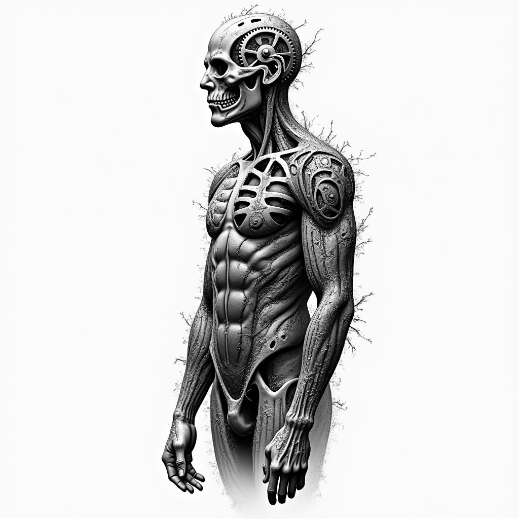 Mechanical gears fused with human anatomy.higly detailed tattoo - Variation 3