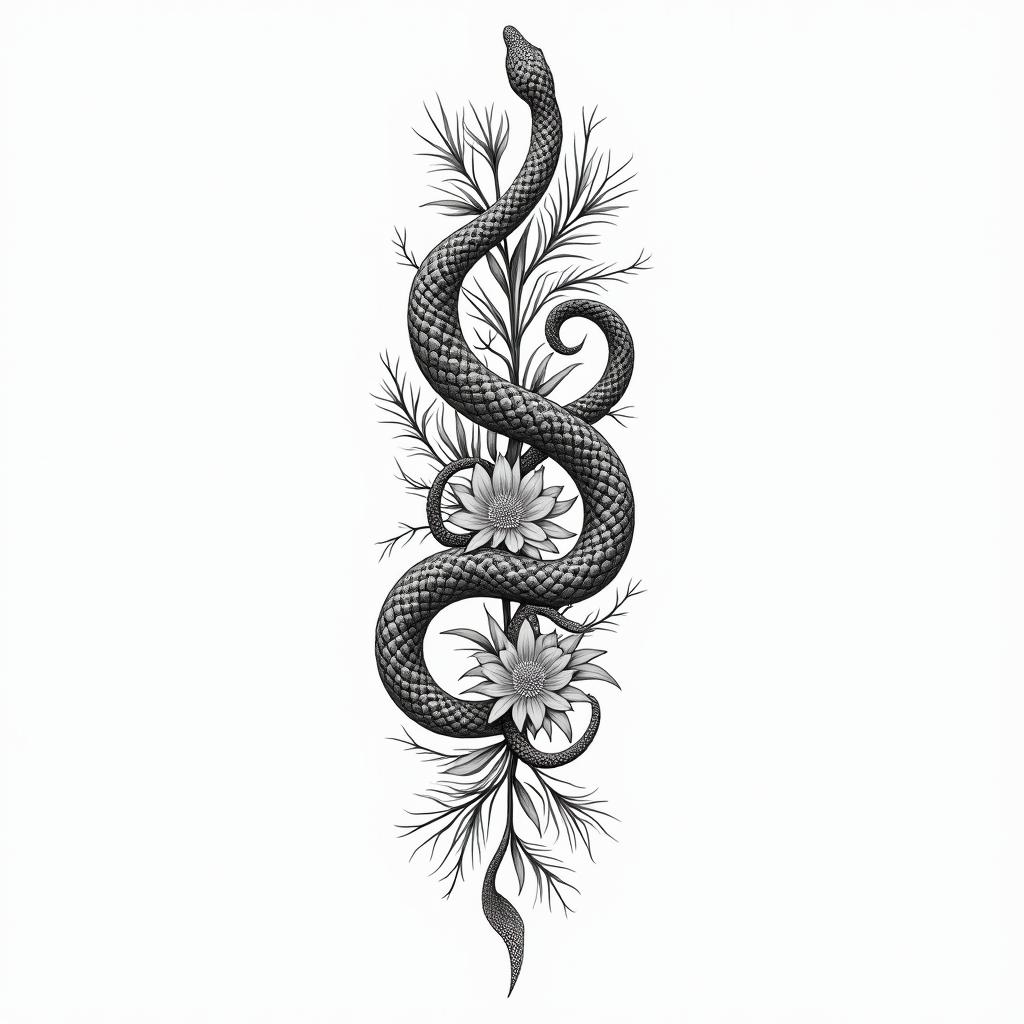 Flowers and snakesin Modest style tattoo, featuring soft, delicate line work with simple and meaningful symbols, gentle waves, a heart, evoking a sense of serenity and grace, - Variation 2